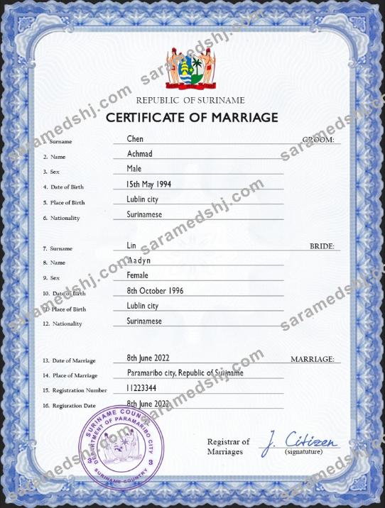 Suriname marriage certificate PSD template